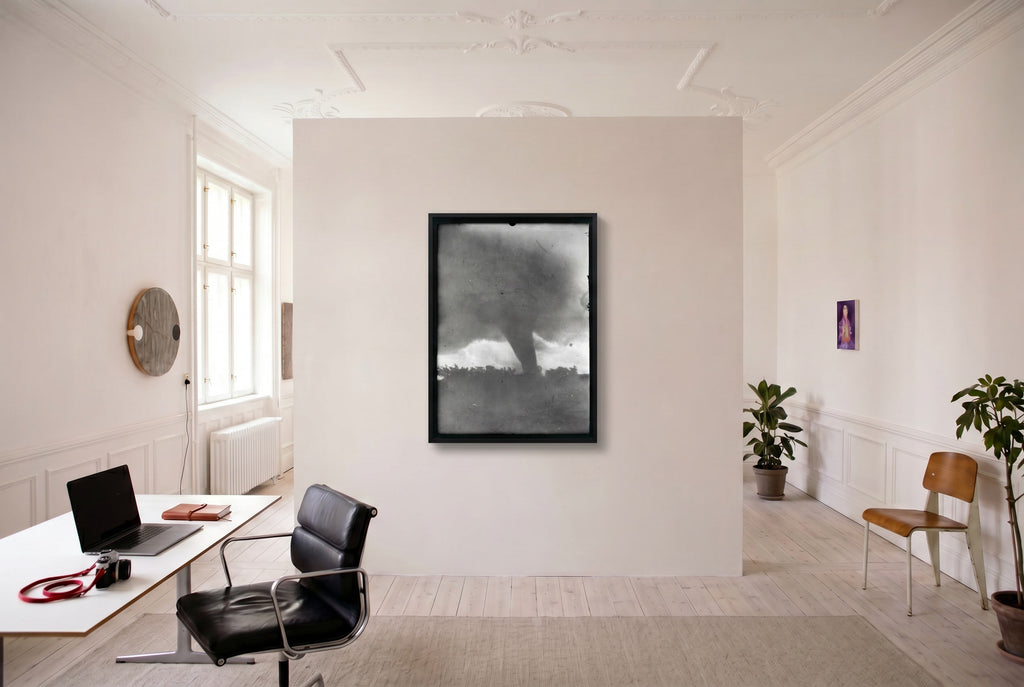 Cyclone framed tornado photograph by Life Without on a gallery wall in a bright home office