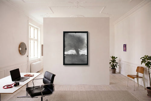 Cyclone framed tornado photograph by Life Without on a gallery wall in a bright home office