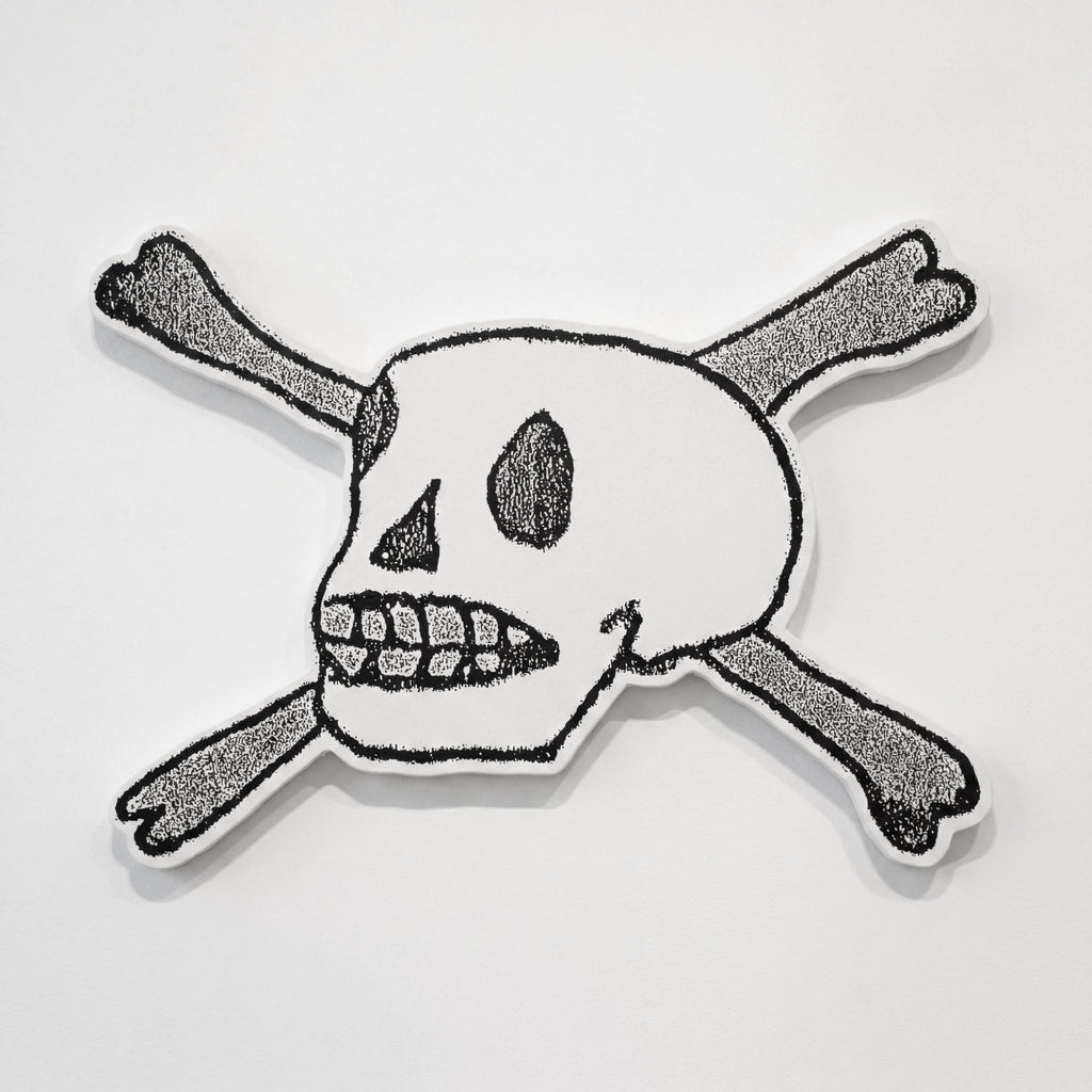 Forever — screen print and gesso skull and crossbones on a shaped, canvas-wrapped panel, Life Without