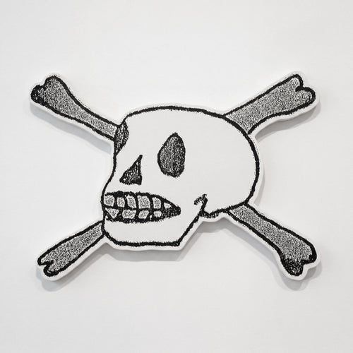 Forever — screen print and gesso skull and crossbones on a shaped, canvas-wrapped panel, Life Without