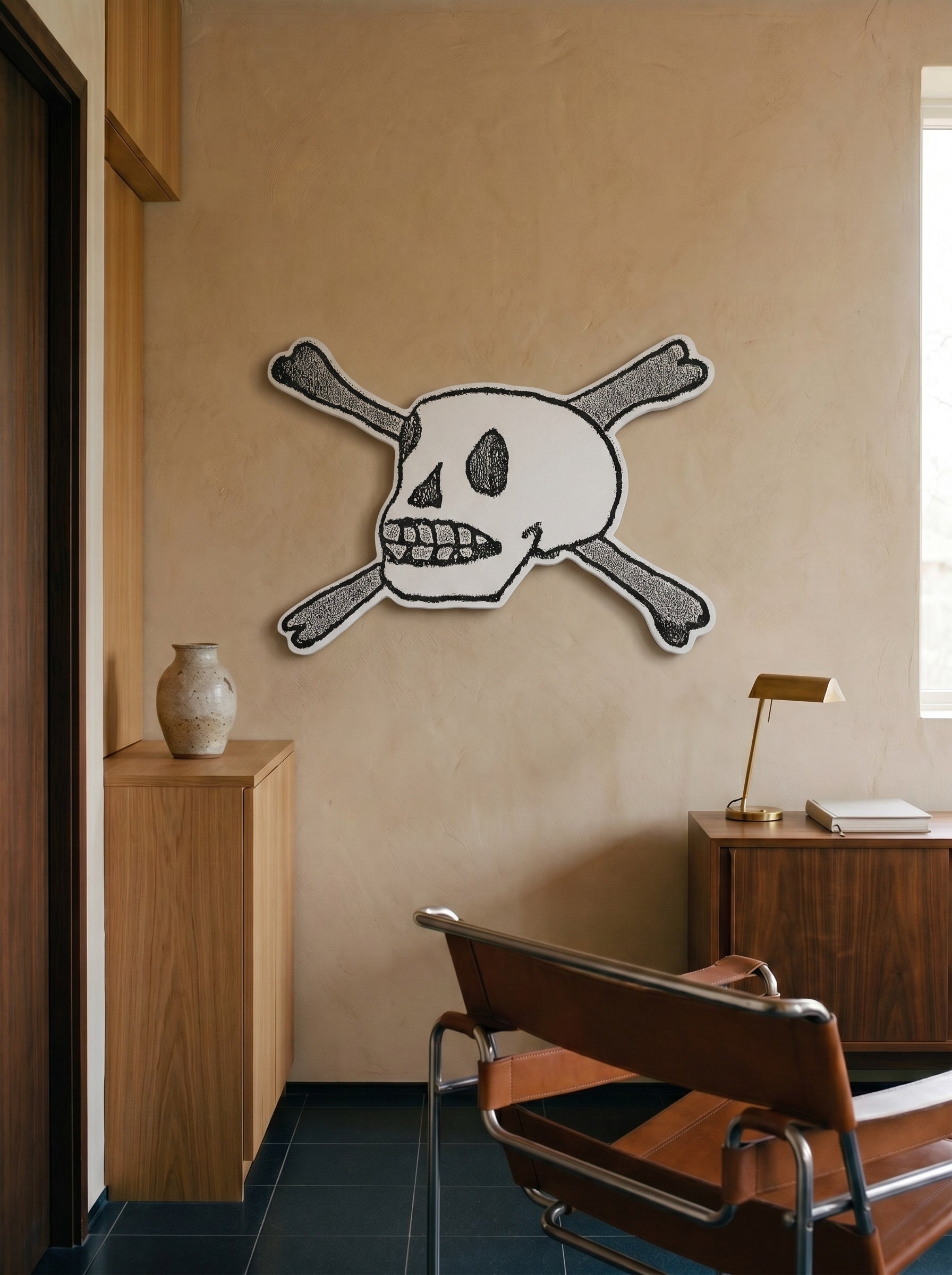 Forever shaped skull-and-crossbones canvas by Life Without installed on a plaster wall above a leather chair and wood credenza