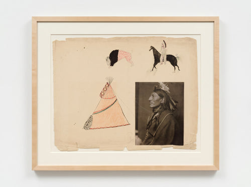 Ledger (Buffalo, Rider, Tipi, Portrait) — archival pigment print of a historical ledger drawing with buffalo, mounted rider, tipi, and portrait photograph, natural hardwood frame, Life Without